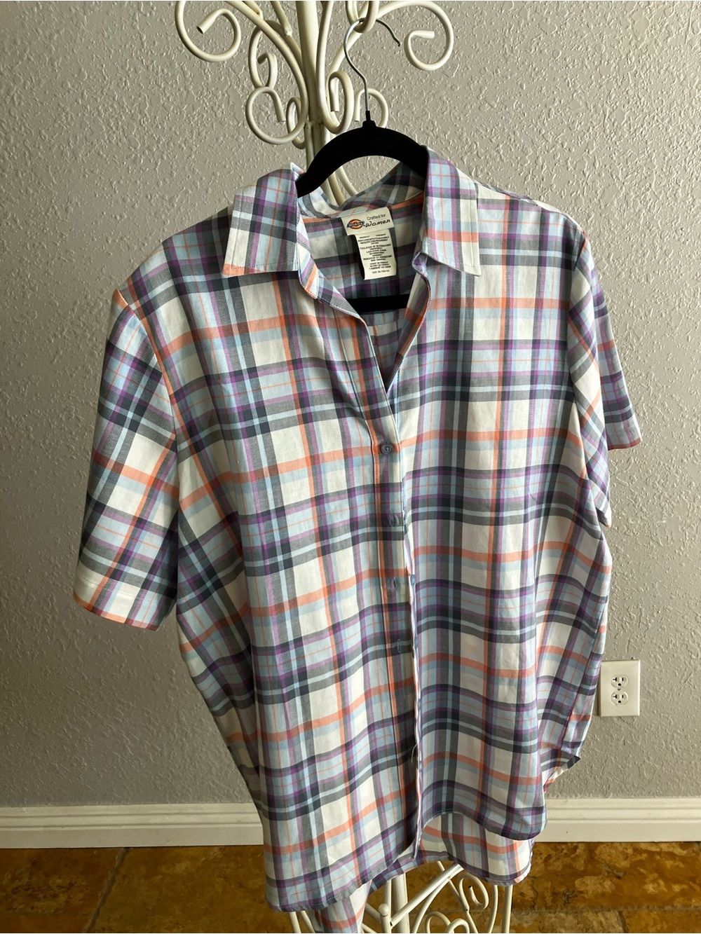 Dickies Short Sleeve Plaid Button-Up Shirt - Purple, Orange & White